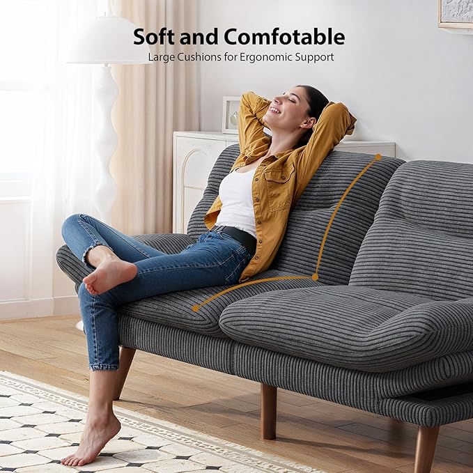 Pipishell Futon Sofa Bed, 75 Inch Corduroy Futon Couch Convertible with Adjustable Backrest and Armrests, Recliner Sleeper Sofa for Small Spaces, Living Room, Office, Guest Room (Grey, 75 Inch) | Adjustable