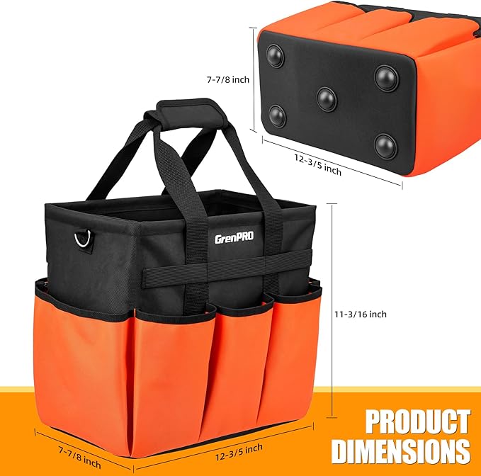 GRENPRO Garden Tool Bag Organizer, Heavy Duty Gardening Tote Toolbox with 10 Pockets, Adjustable Shoulder Strap, Standable & Foldable for Tool Storage, Home Garden Kit, Orange (Tools Not Included)