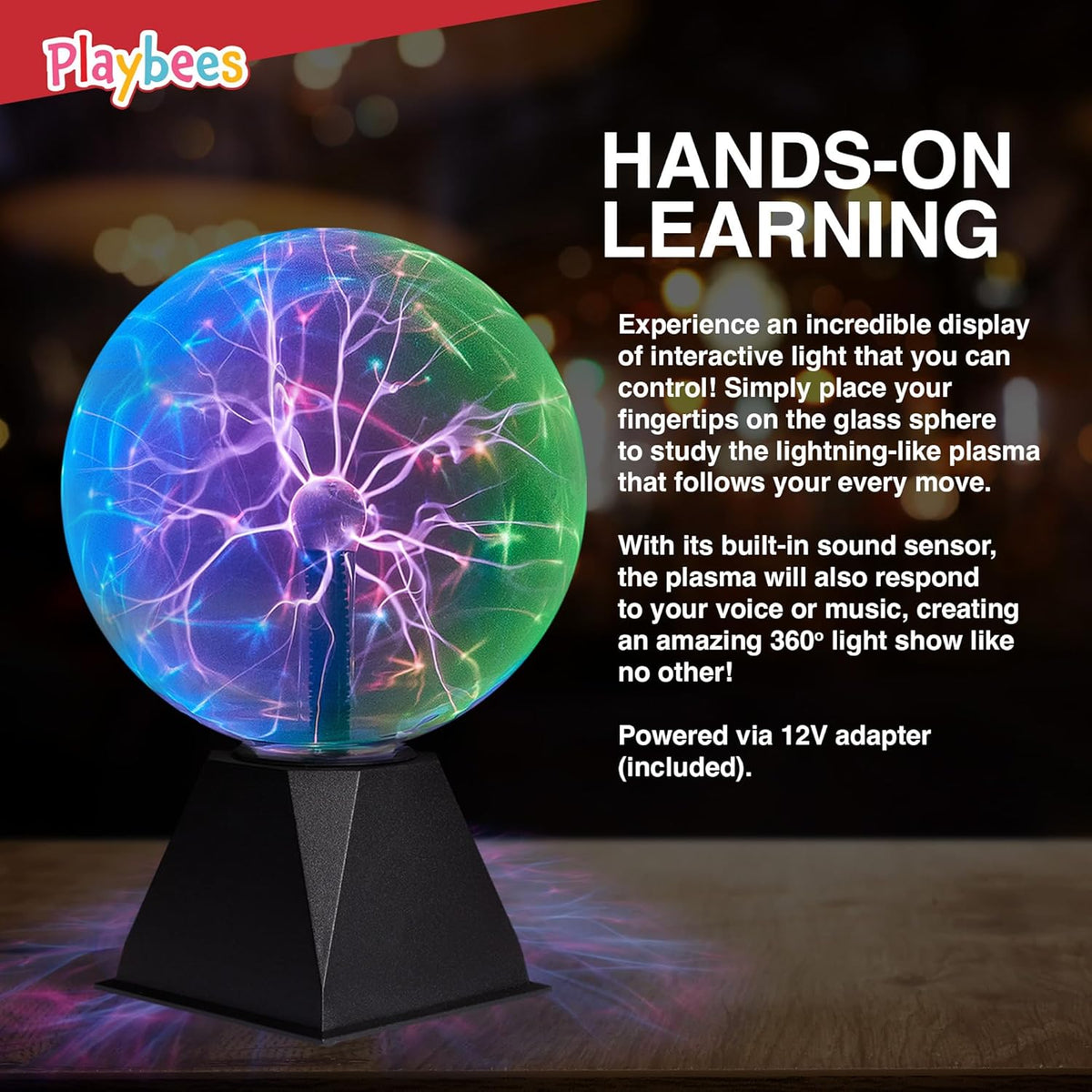 Playbees Plasma Ball 7-Inch - Colorful Tesla Coil Globe with Multicolor Lightning Effects for STEM Learning & Parties