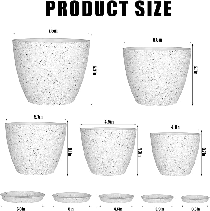 lokeisna 5 Pcs Plant pots, 7.5/6.5/5.7/4.9/4.1 inch Pots for Plants, Flower Pot Indoor Modern Decorative Plant Pot, Plant Pots Indoor with Drainage and Saucer for All House Plants, Spray Spots