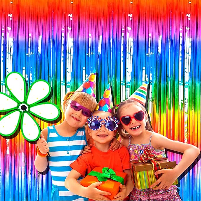4 Pack Macaron Dark Rainbow Foil Fringe Curtain Backdrop, 3.28Ft x 8.2Ft Colorful Streamers Curtains for Party, Photo Booth Props, Birthday, 2022 Mother's Day Decoration Supplies