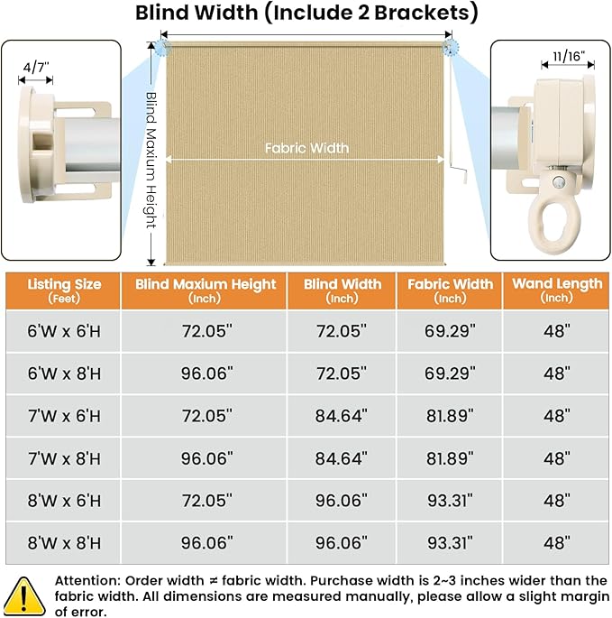 7'W x 6'H Sesame Patio Shades Roll up Outdoor Roller Shade Crank Wand Blind