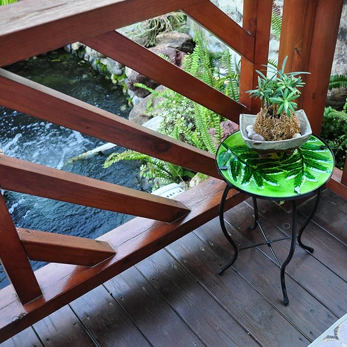 Patio Side Table Outdoor Coffee Table Round Glass Feature Table Metal End Table Suitable for Indoor and Outdoor Accent Table Backyard Garden Lawn