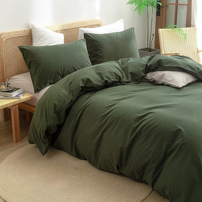 BESTOUCH Duvet Cover Set 100% Washed Cotton Linen Feel Super Soft Comfortable Chic Lightweight 3 PCs Home Bedding Set Solid Olive Green Cal King