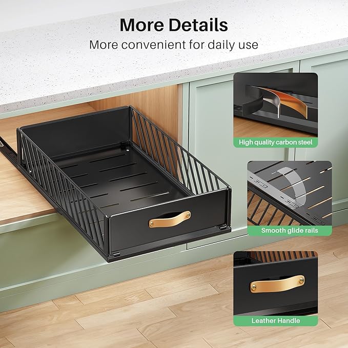 Pull out Cabinet Organizer Fixed with Adhesive Nano Film,Heavy Duty Slide out Pantry Shelves Drawer Storage,Sliding Mesh Cabinet Basket with Handle for Kitchen, Bathroom,Home, 13.8"W X 21"D X6.2"H