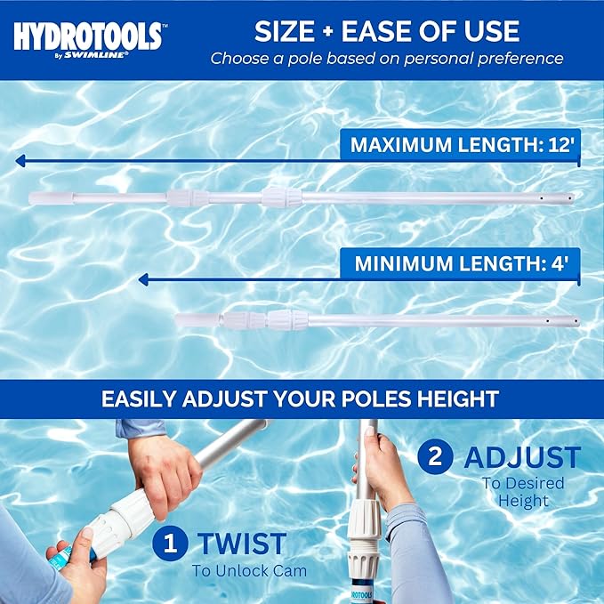SWIMLINE HYDROTOOLS 8350A 3-Piece Telescopic Pole 4 To 12 Feet Adjustable Telepole For Swimming Pool Cleaning Skimmer Nets Vacuum Heads & Brushes Step-Up Anodized Aluminum W/ Strong Grip & Lock