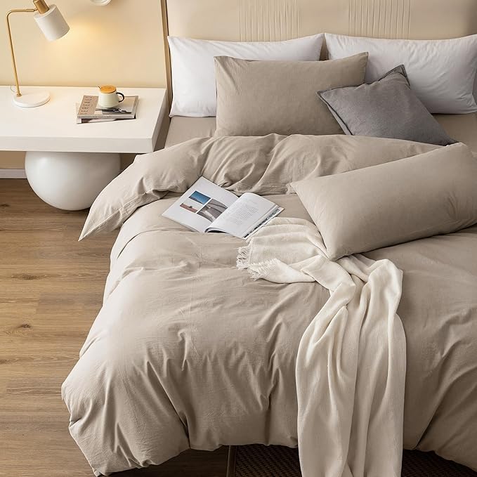 JIYUAN 100% Washed Cotton Duvet Cover Set 2 Pieces Twin, 1 Duvet Cover 68x90 Inches (Comforter Not Included) and 1 Pillowcases,Linen Feel Bedding Set Comfy and Breathable, Heathered Tannish Linen Grey