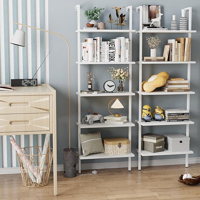 aboxoo Ladder Shelf White Wooden Bookshelf 5-Tier Wall-Mounted Open Wood Rack