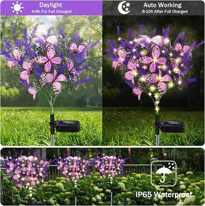 Kohlrabi Solar Garden Lights Outdoor, 6 Pack Solar Butterfly Lights Purple Lavender Gardening Gifts for Women, Artificial Flower with Butterfly Purple Garden Decor for Lawn Patio-Warm White
