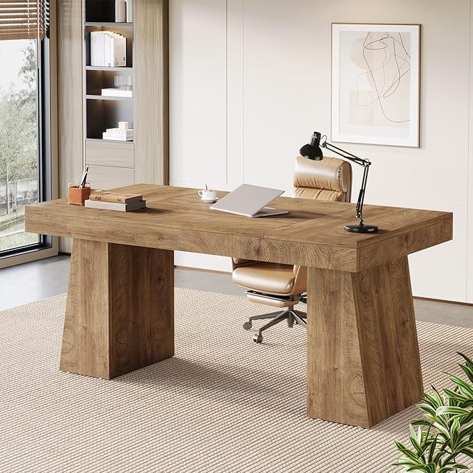 Tribesigns 55-Inch Executive Desk, Thick Wood Office Computer Desk with Double Pedestal, Modern Minimalist Workstations Writing Table Conference Table Furniture for Home Office, Light Brown