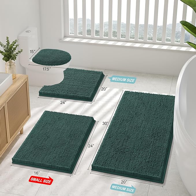Smiry Luxury Chenille Bathroom Rugs 47x20, Extra Soft and Absorbent Shaggy Bath Mat, Machine Washable, Non-Slip Plush Carpet Runner for Tub, Shower, and Floor, Home Decor Accessories, Green