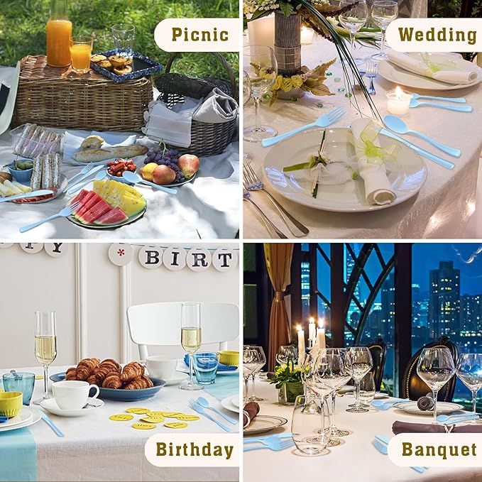 150 Pack Blue Plastic Silverware, Light Blue Plastic Utensils Heavy Duty, 50 Forks, 50 Knives, 50 Spoons for Birthday Wedding Baby Shower Boy