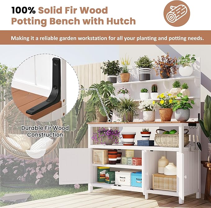 Christopher Knight Home Belfast 50.20" W Outdoor Potting Bench Table, Fir Wood Potting Table, Large Gardening Workstation with Storage Shelf, Ample Space Garden Tools Organizer for Backyard, White