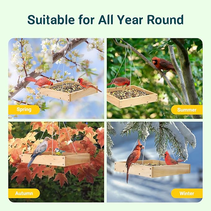 TT Nature Platform Bird Feeder for Outdoor, Eco-Friendly Wood Hanging Tray Bird Feeders，Durable and Stable Great for Hanging Wild Birdfeeder Trays in Garden Outside