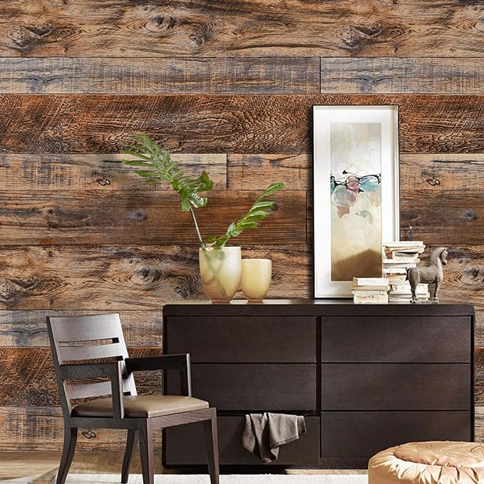 WENMER 17.71" x 590" Brown Wood Wallpaper Peel and Stick Wallpaper Shiplap Self