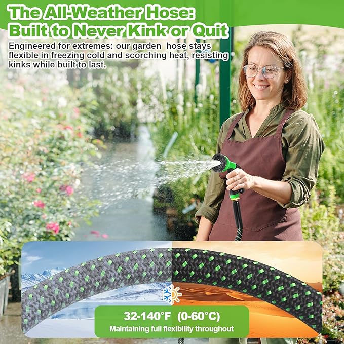 Garden Hose 50ft, Non-Expanding Flexible Hose with 10 Function Nozzle, Lightweight, Kink Free, Sturdy, Leak-Proof, Portable, Water Hose 50ft for Outdoor, Yard, Lawn, Car Wash and Camper Use