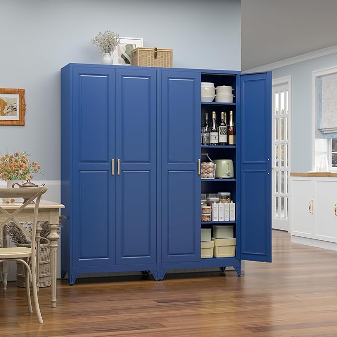 Kitchen Pantry Storage Cabinets, 75" Tall Metal Storage Cabinet with Doors and 4 Shelves, Blue Pantry Cabinet, Utility Kitchen Cupboard, Large Steel Cabinets for Dining, Office, Living Room