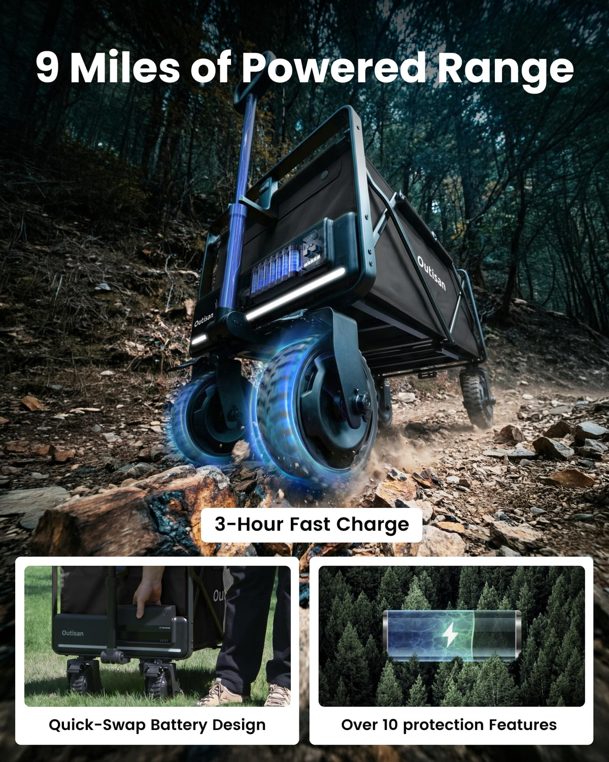Smart Electric e-Wagon Air 3-Second Fold Cart with 9-Mile Range 300LB Heavy-Duty Dual Motor Wagon All-Terrain Collapsible Wagon for Grocery, Camping, Beach Jet Black