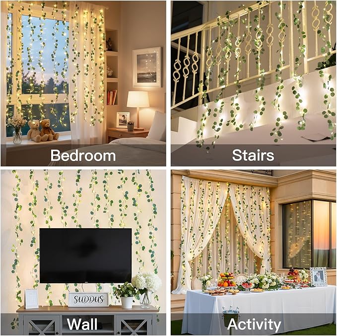suddus 200 LED Vine with Light Plug in, 6.5ft x 6.5ft Eucalyptus Fairy Curtain