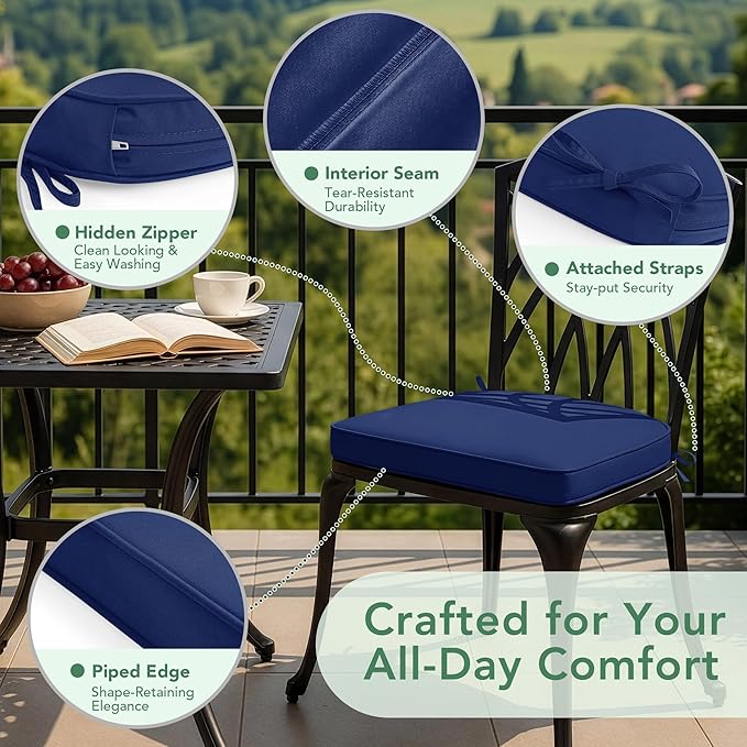 Outdoor Chair Cushions Set of 2: Waterproof & Fade Resistant Patio Furniture Cushions - 18.5 x 16 x 2 Inch Non Slip Round Corner Seat Cushion Pads with Removable Cover for Garden Yard Lawn, Navy Blue