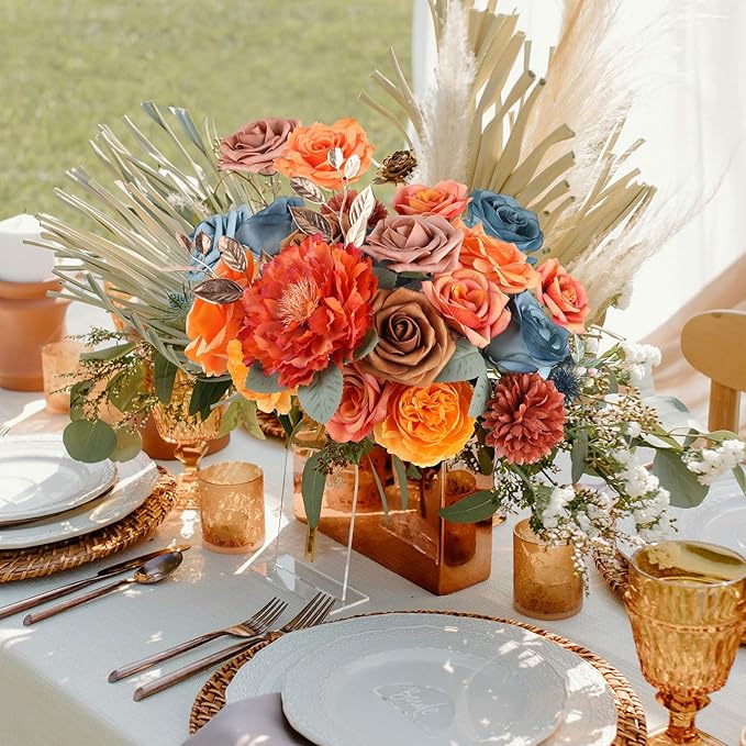 AGIRL Artificial Flowers Combo Silk Mix Teal Orange Fake Flower with Stems for DIY Wedding Bouquets Centerpieces Arrangements Table Chair Decor Baby Shower Home Decor (Teal Orange)
