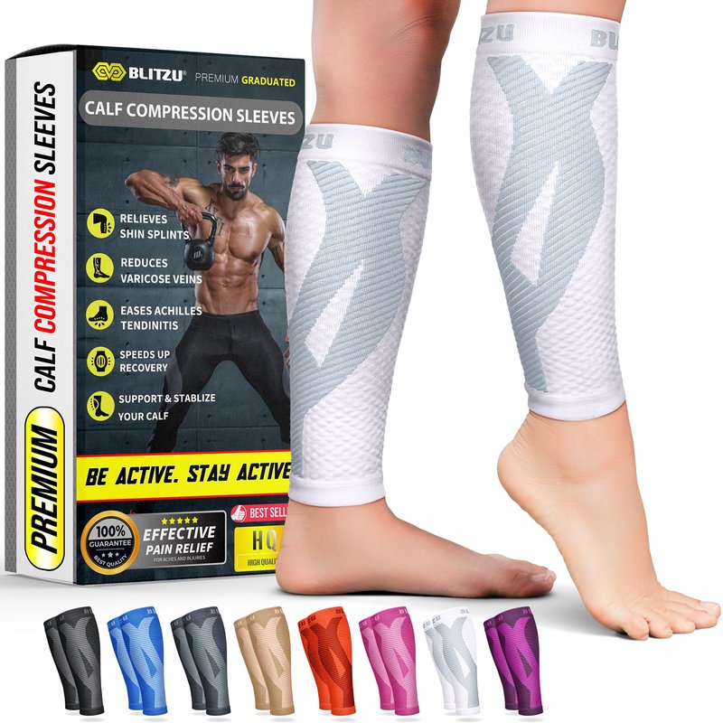 BLITZU Calf Compression Sleeve for Women and Men, Shin Splint Sleeves for Varicose Veins, Nursing, Pregnancy, Running, Footless Compression Socks Support for Calf Muscle Pain Relief White XXL