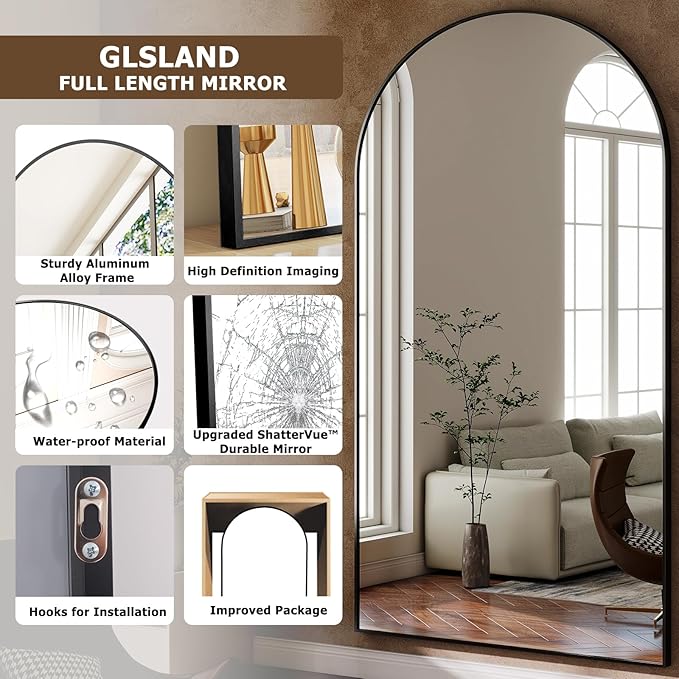 GLSLAND-34x76 inch Wall Mount Arched Full Length Mirror-Aluminum Alloy Frame