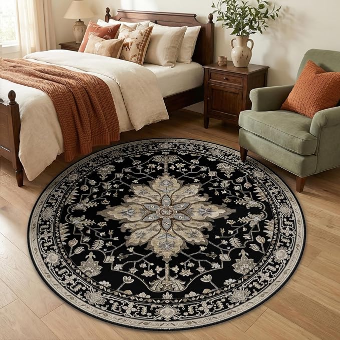 Area Rugs 5ft Washable Non-Slip, Floral Vintage Distress Print Pattern Medallion Carpet for Living Room Bedroom Dining Room, Black Brown Neutral Dark Tan