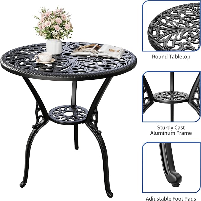 IDEALHOUSE Patio 23''Cast Aluminum Side Table with Umbrella Hole,Outdoor Small Coffee Tables,Anti-Rust Bistro Table,Round End Table,Outdoor Furniture for Indoor,Patio,Garden,Porch,Balcony(Retro Black)