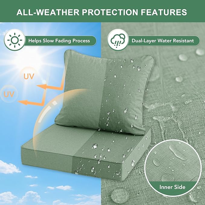 Summsun Outdoor Cushions for Patio Furniture, Faux Linen Water Resistant Backrest and Deep Seat Cushion Set with Removable Cover, Ties, Non-Slip Bottom, 22 x 22 Inch, Sage Green