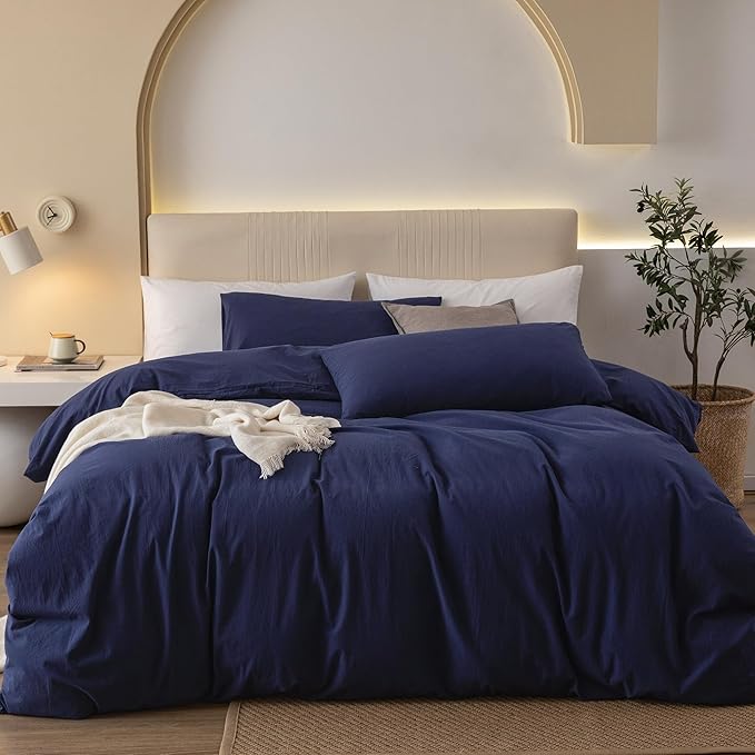 JIYUAN 100% Washed Cotton Duvet Cover Set 3 Pieces King, 1 Duvet Cover 104x90 Inches(Comforter Not Included) and 2 Pillowcases,Linen Feel Bedding Set Comfy and Breathable,Navy Blue