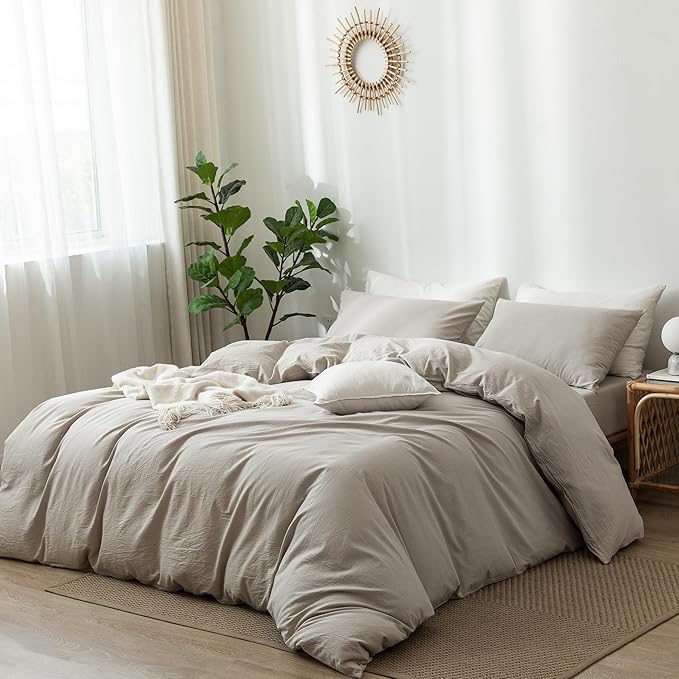 MooMee Bedding Duvet Cover Set 100% Washed Cotton Linen Like Textured Breathable Durable Soft Comfy (Heathered Cream Grey, Super King 108"x98")