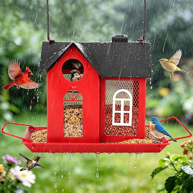 Solar Bird Feeder for Outdoors - Red Metal Hanging Bird Feeder with Solar Light, Decorative for Wild Cardinals, Finches, Weatherproof Backyard Garden Decor Ideal Gift for Women Mom Grandma