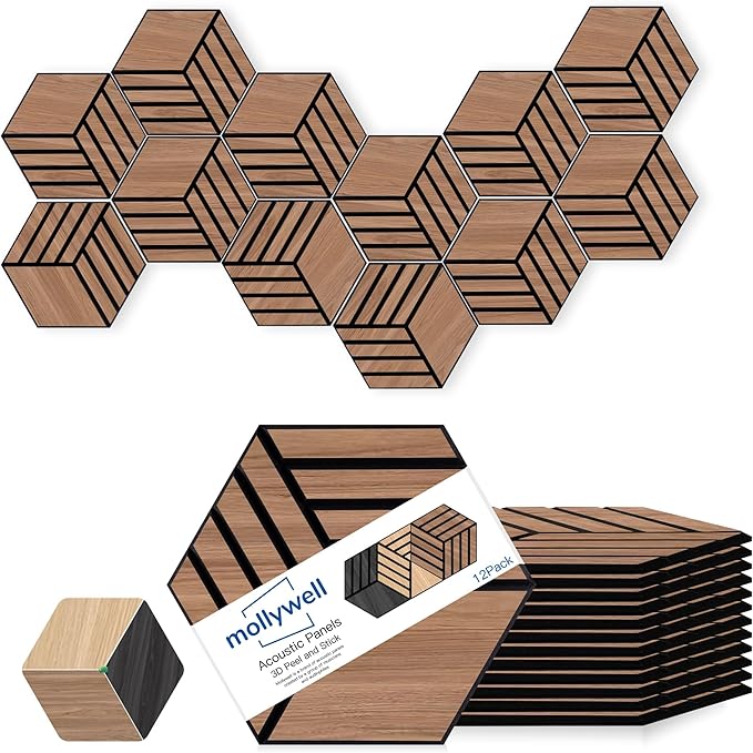 Mollywell Acoustic Panels, PVC Wood-Grain, 14x12 Inch Hexagon Carved Sound