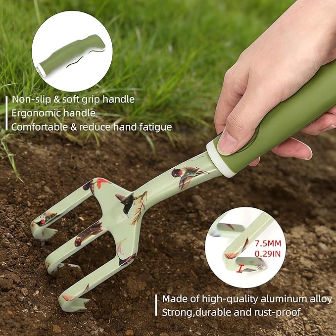 Garden Tool Set with Hummingbird Print, Heavy Duty Gardening Hand Tools with Garden Tool Bag,Gardening Gifts for Women&Men,Green