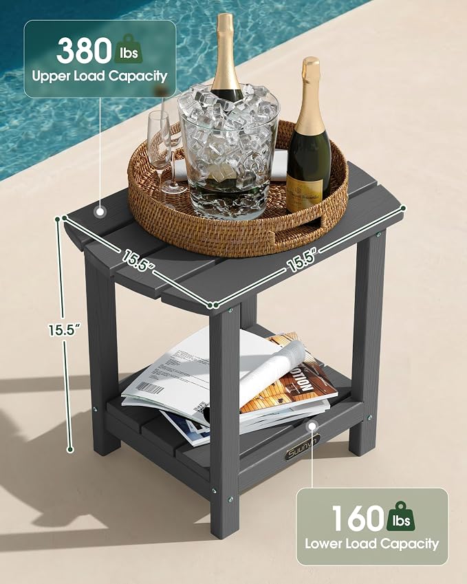 Outdoor Side Table – 2-Tier HDPE Adirondack Side Table, Sturdy Small Outdoor Tables, Weather-Resistant & Easy Assembly Patio End Tables for Garden, Balcony, Porch & Poolside (Grey)