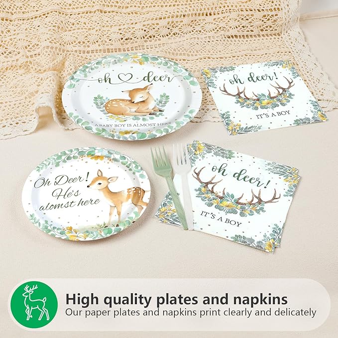 96Pcs Oh Deer He's Almost Here Baby Shower Party Supplies Green Deer Plates and Napkins Woodland Animal Tableware Set for Boy Animal Baby Shower Gender Reveal Party Supplies，Serves 24