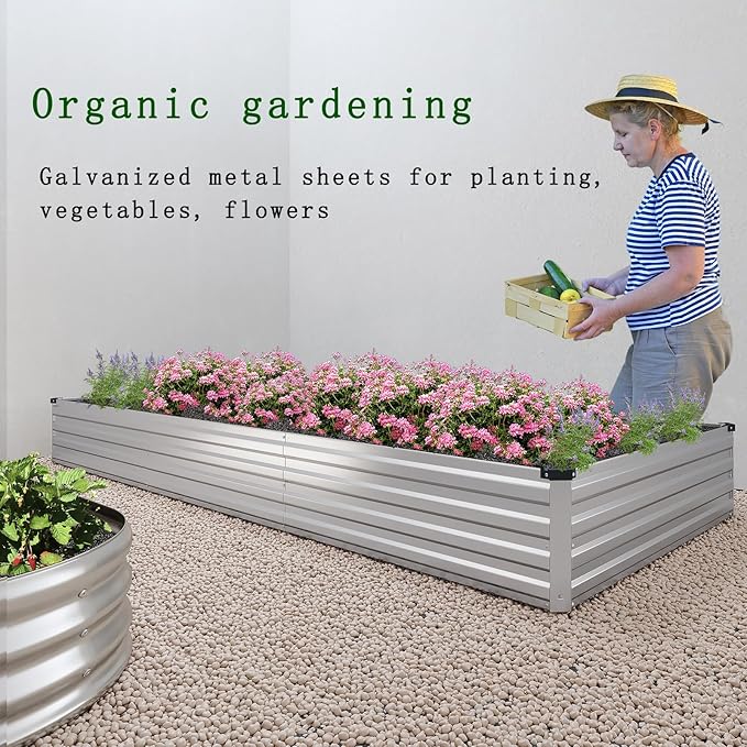 8×2×1FT(2PCS) Galvanized Raised Garden Bed Kit Metal Planter Boxes，Large Outdoor Planters Garden for Planting Vegetables,Flowers,Herbs -Silver