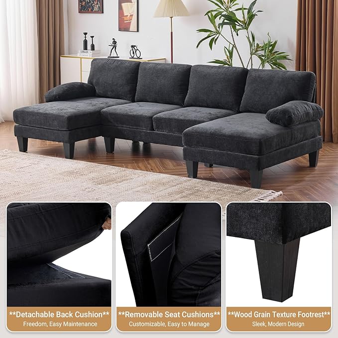 VINGLI 110" Sectional Couches for Living Room,U Shaped Couch with Double Chaise, 4-Seat Sofa Set with Chenille Fabric for Home Furniture,Black