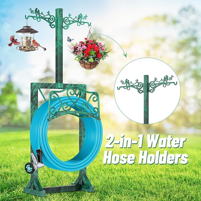 Garden Hose Holder for Outside, Upgraded Water Hose Holders with 2 Shepherds Hooks,Freestanding Heavy Duty Hose Stand Hose Hanger Hose Storage Hose Reel Rack for Yard Lawn Farm(Antique Green)
