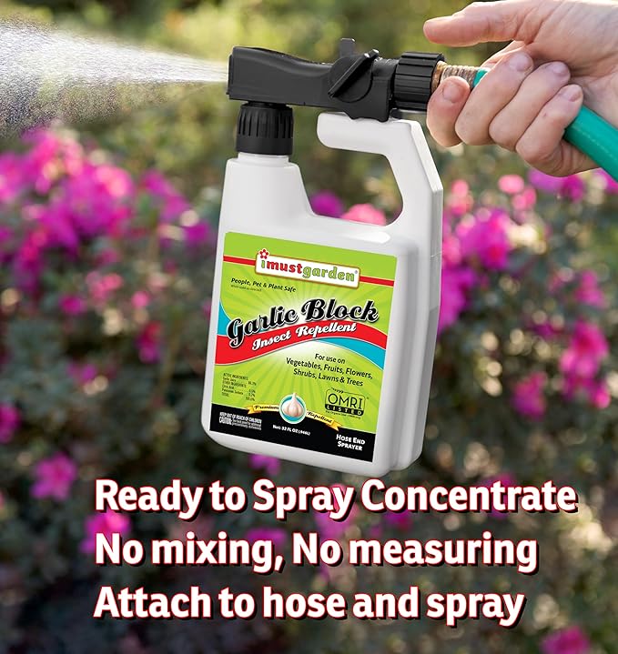 Garlic Block Insect Repellent – Ready to Spray Concentrate: No Mixing or Measuring – OMRI Listed for Organic Gardening - Creates a Garlic Barrier to Protect Vegetables, Fruits & Flowers: 32oz Hose-end