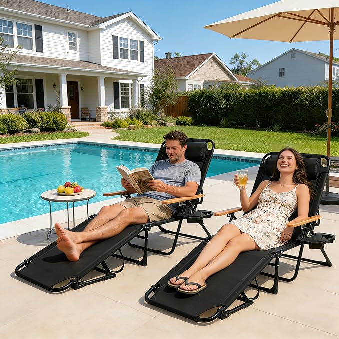Outdoor Chaise Lounge Chair with 4-Position Adjustable Backrest, Patio Folding Sun Tanning Chair, Pillow & Cup Holder, Portable Recliner Sunbathing Lounger Chairs for Pool Beach Lawn Garden (Black)