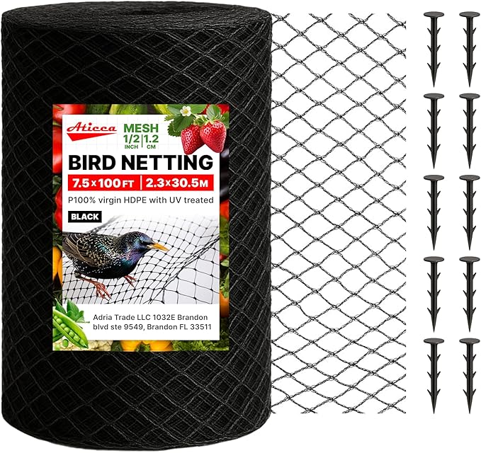 ATICCA Heavy Duty Bird Netting for Garden Protection & Fruit Trees, 7.5x100 Ft with 10 Stakes – Black Anti-Bird Net for Poultry, Deer, & Squirrel Protection, Durable Nylon Mesh for Garden and Yard Use