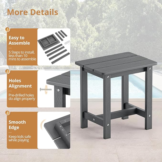 LUE BONA Outdoor Side Table, HDPS Small Outdoor Adirondack Side Tables, Outside End Table for Patio, Porch, Deck, Pool, Weather Resistant/Easy Maintenance, Dark Gray