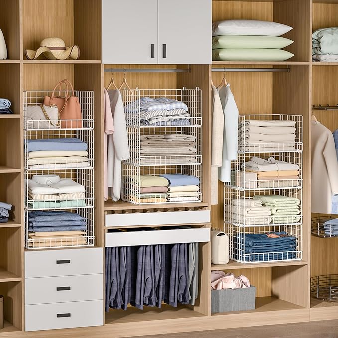 4-Tier Stackable Closet Organizers and Storage Basket, Foldable Closet Shelf Organizer System, Space-Saving Clothes Storage Drawer Organizer for Wardrobe, White (Patent Pending)