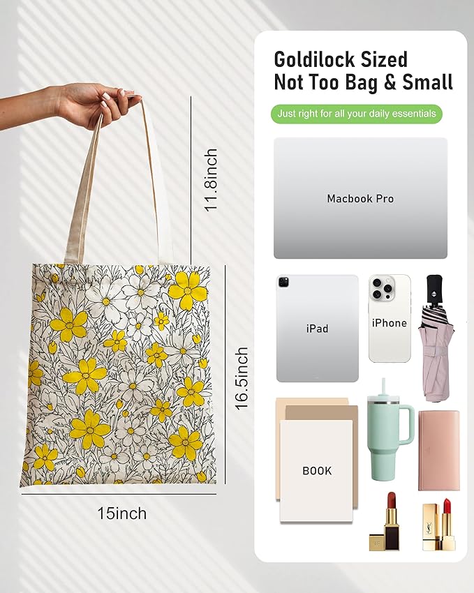 Double-Sided Canvas Tote Bag for Women with Magnetic Snap, Wide Strap & Inner Pocket for Work, Shopping, Travel