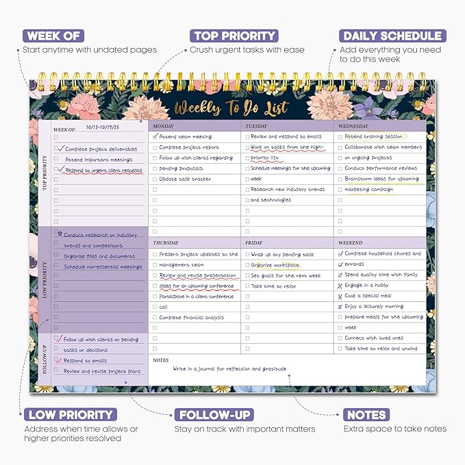 Taja Weekly To Do List Notepad with 52 Undated Sheets（8.5"×11"）- Weekly Desk Planner for Women & Man, Work and Home - 1 Pack Lavender Dream