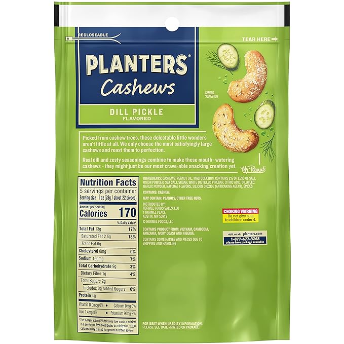 PLANTERS Cashews Dill Pickle - Trail Mix Snack Packs - Snacks with Dill Pickle, Snack Pack, Party Trail Mix, 5 Oz Bag, Pack of 1