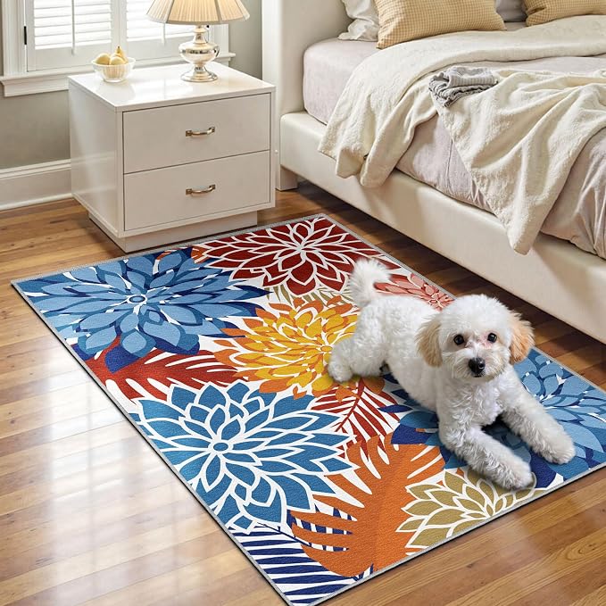 Arenarug 2x3 Colorful Washable Small Rug Tropical Botanical Modern Floral Indoor Chenille Door Mat Carpet Non Slip for Patio, Entry Way, Entrance, Porch, Vivid Dahlia