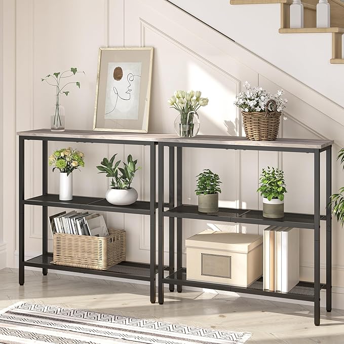 HOOBRO 29.5" Narrow Console Table, 3-Tier Entryway Table, Thin Sofa Table with Shelves, Side Table, Display Table, for Hallway, Entrance, Living Room, Bedroom, Greige and Black BG73XG01